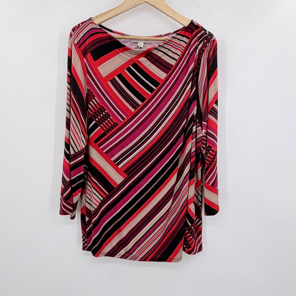 Dana Buchman XL Red Geometric Striped Long Sleeve Top Career Work Dressy Blouse